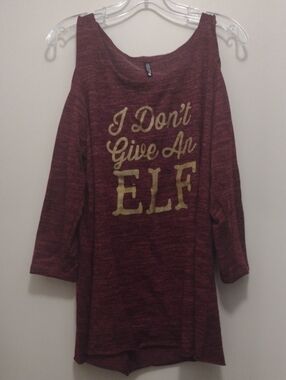 Yandy Maroon Long-Sleeve Cold Shoulder Top with Gold Text (J690)